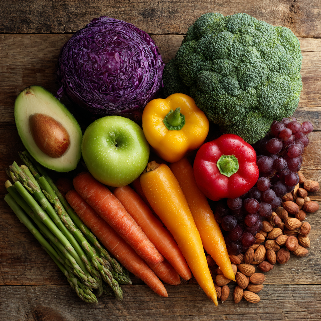 Colorful fresh vegetables, fruits and nuts arranged on a wooden table, representing healthy nutrition for eye health and vision improvement