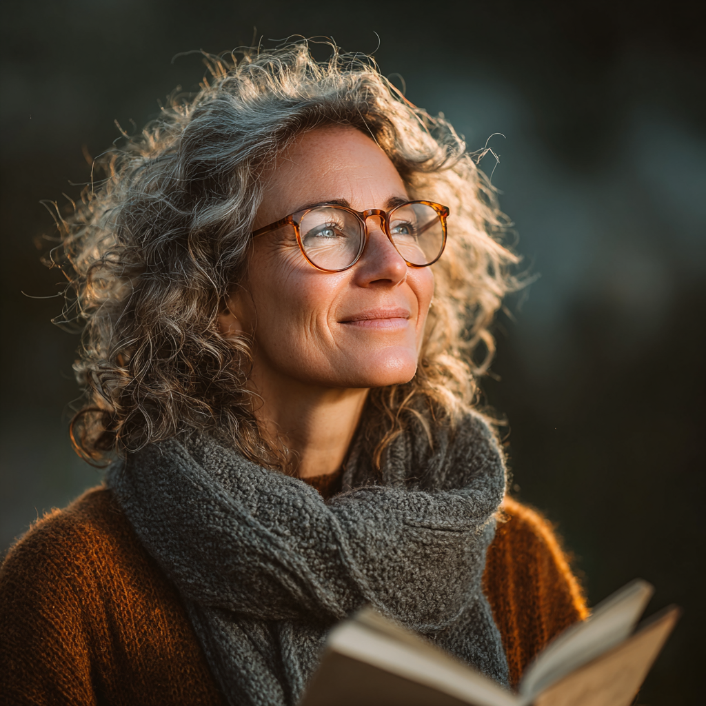 Happy middle-aged woman with glasses reading a book outdoors in natural lighting, representing healthy vision and eye care
