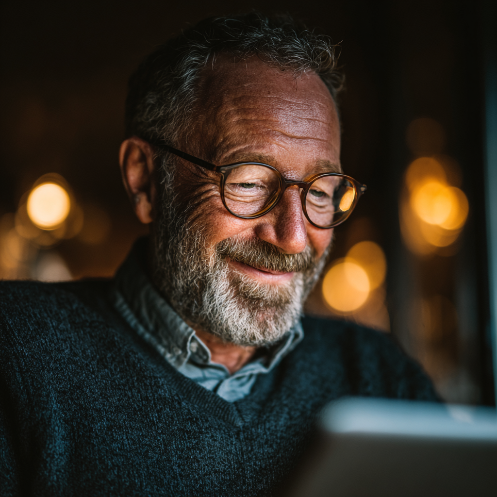 Senior man with glasses smiling while using digital device with proper lighting, demonstrating healthy eye care habits and vision wellness